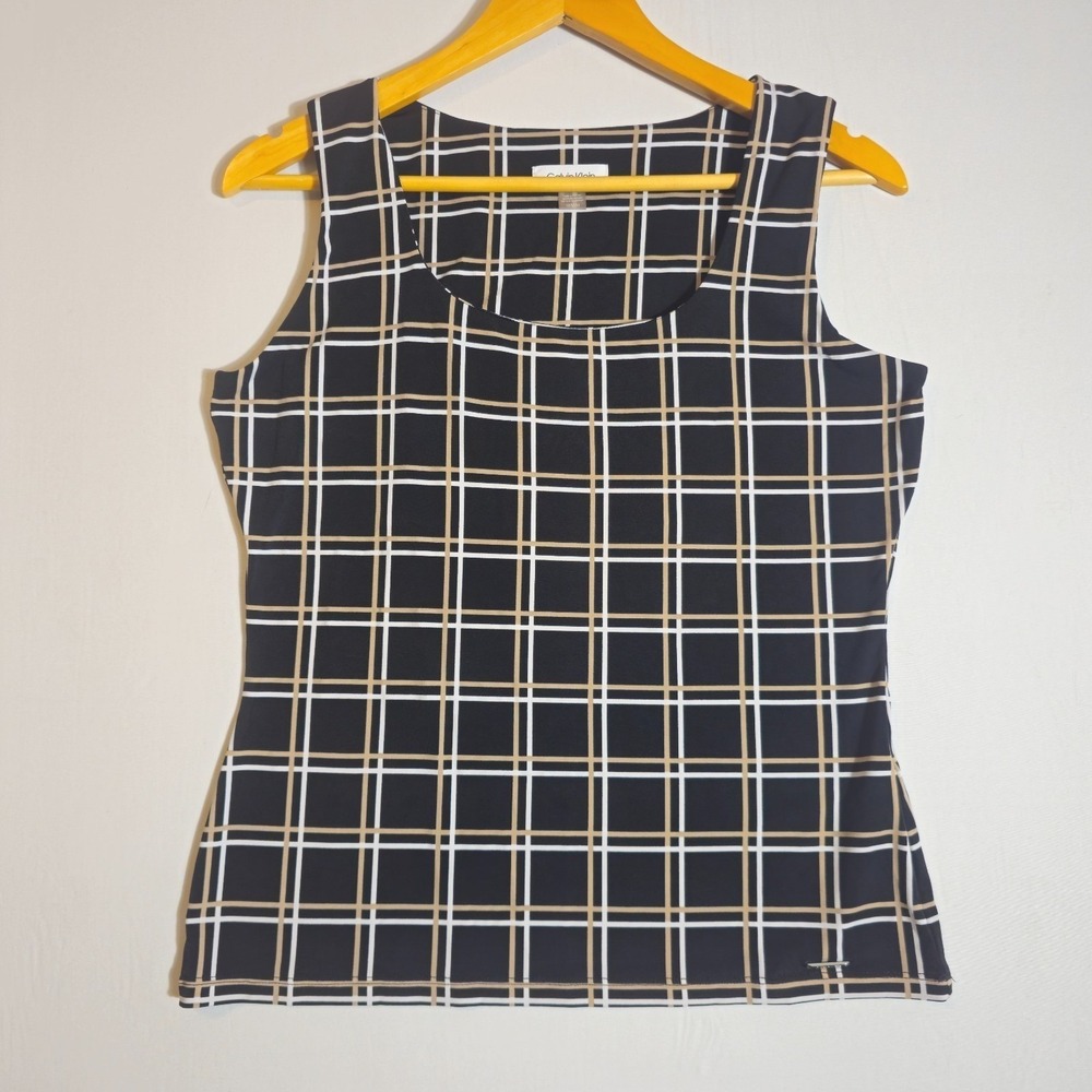 Calvin Klein Black Geometric Plaid Tank Top Women's M Stretch Corporate Girlie
